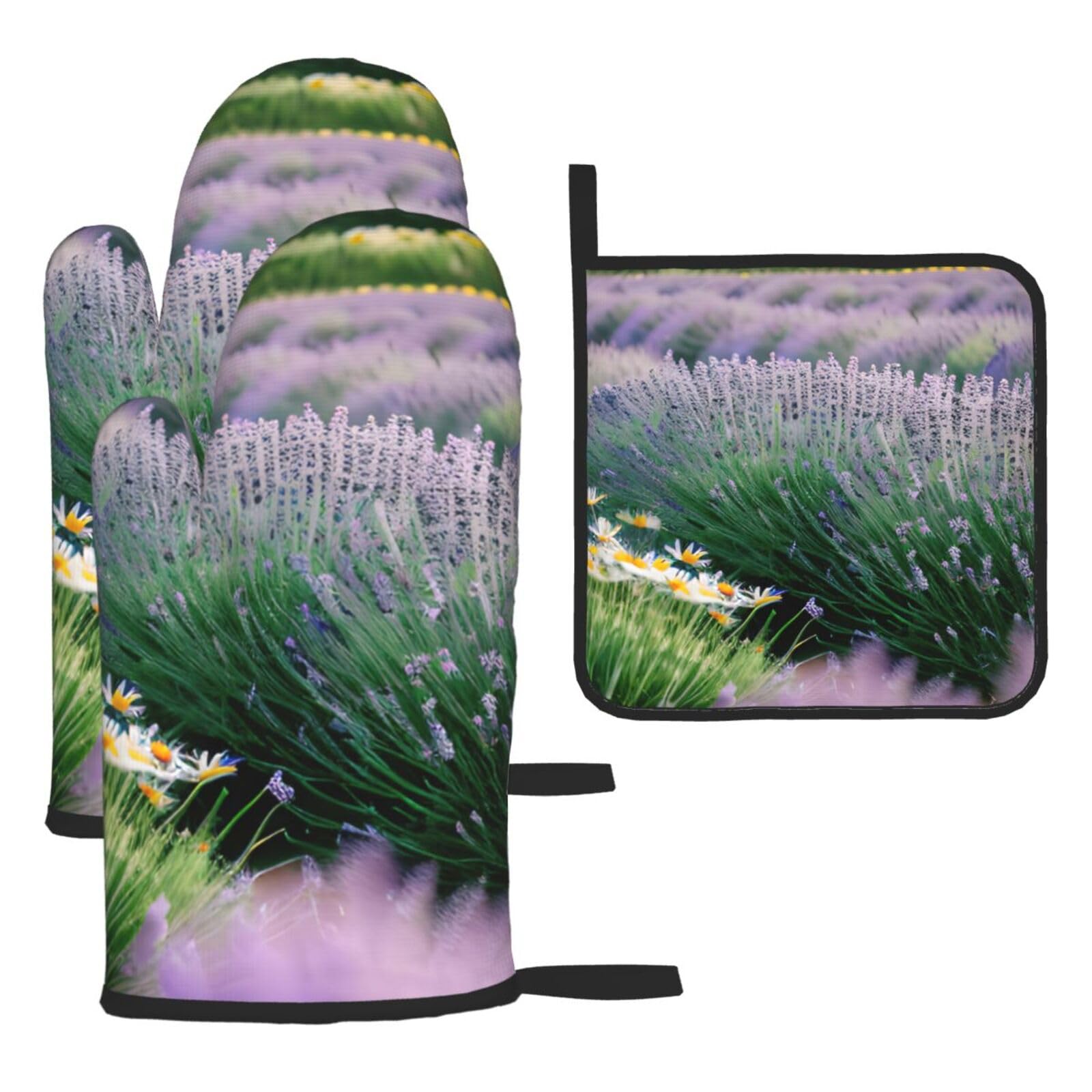 Lavender And Daisy Print Oven Mitts Kitchen Gloves Set Everyday Baking Grilling Microwaving Cooking Gift