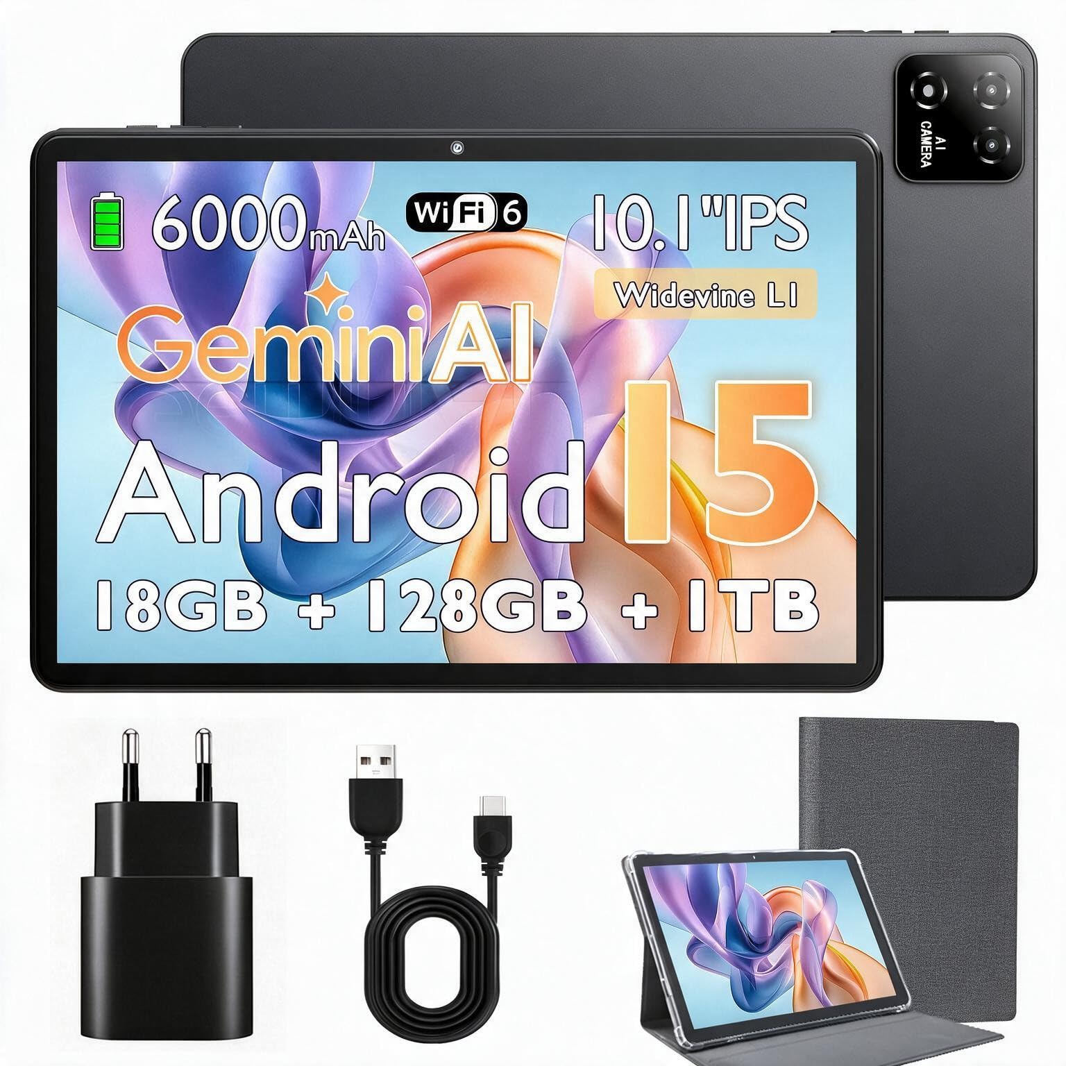 Tablet 10 Pulgadas Android 15 con Funda, 18GB RAM (6+12) 128GB, Octa-Core T30, 1TB Ampliable, WiFi 6, batería 6000mAh, Pantalla IPS HD, Widevine L1, GPS, Gris