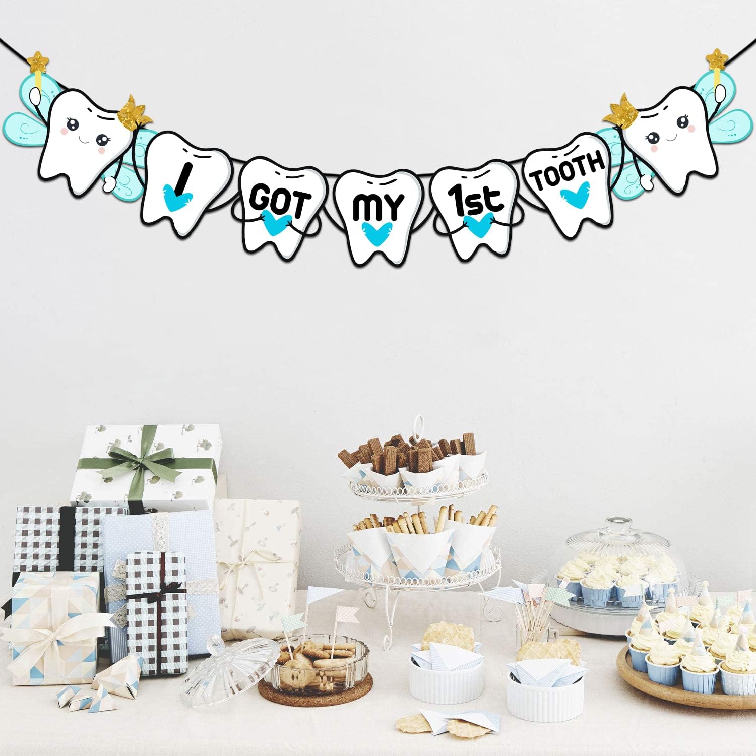 ZYOZIQUE I Got My First Tooth Banner/I Got My First Tooth Decoration/I Got My 1St Tooth Banner Bunting Banner (1 Set) (Baby Boy), White