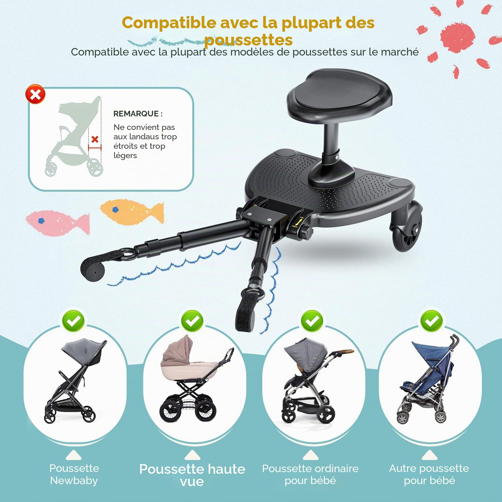 Planche Poussette Universelle avec Siège Agrandi, Marche Pied Poussette, Planches à roulettes pour bébé Compatible Avec 99% des Poussettes, Pour les Enfants de 2 à 6 ans(25kg)