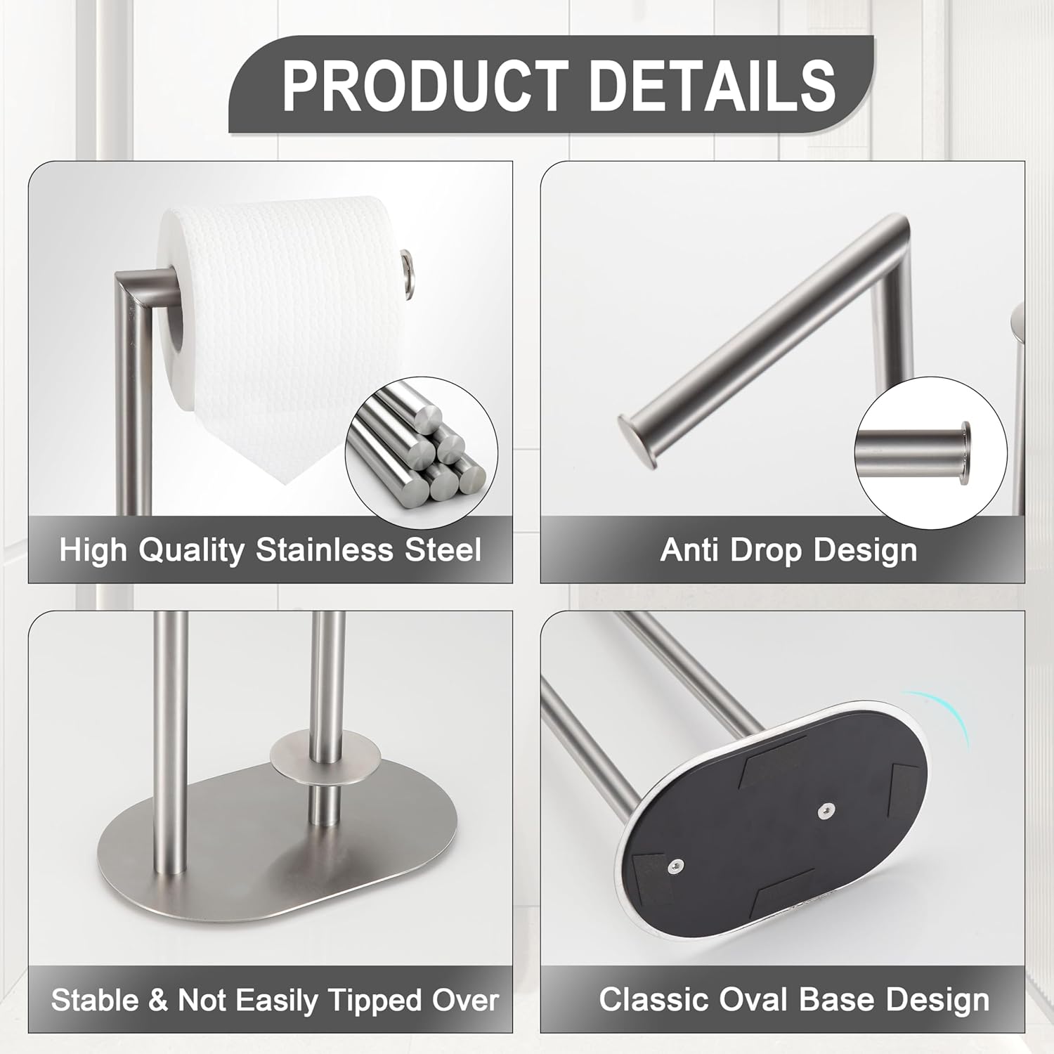 Brushed Nickel Freestanding Toilet Paper Holder with Reserve for Bathroom with Weighted Base, Modern Tissue Roll Holder Stand