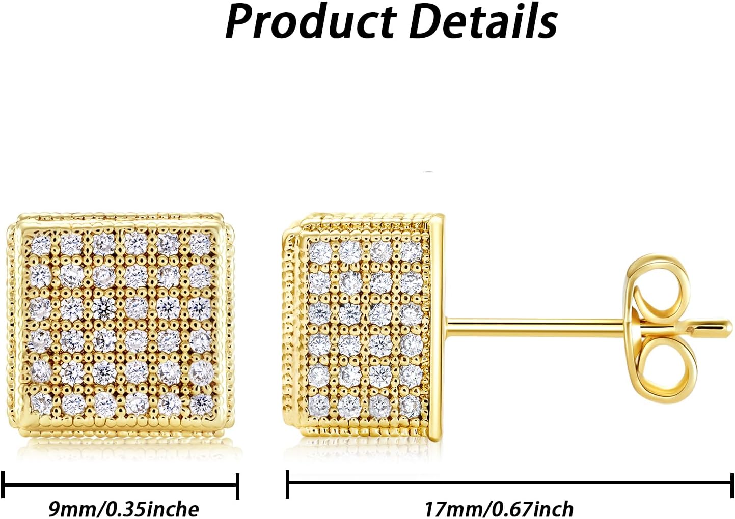 14k Gold Plated 5A+ Cubic Zirconia Iced Out Square Earrings Hip Hop Push Back CZ Stud Earrings for Men Women