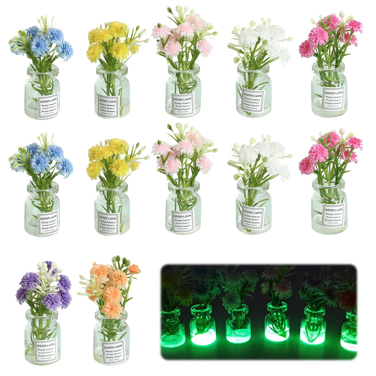 Toyhood 14pcs Dollhouse Mini Bouquet Potted Plants, Luminous Miniature Colorful Flower Plants Figurines, DIY Fairy Garden Dollhouse Accessories