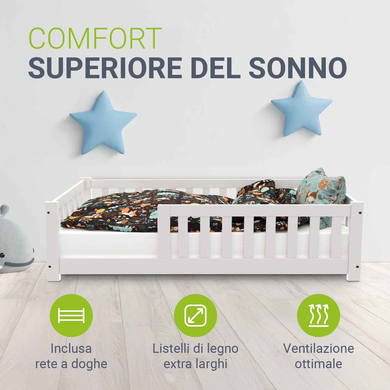 Juskys Letto a pavimento per bambini Naya 80x160 cm con barriera di sicurezza e rete a doghe – letto Montessori in legno massiccio di pino – letto con sponde per bambini – bianco