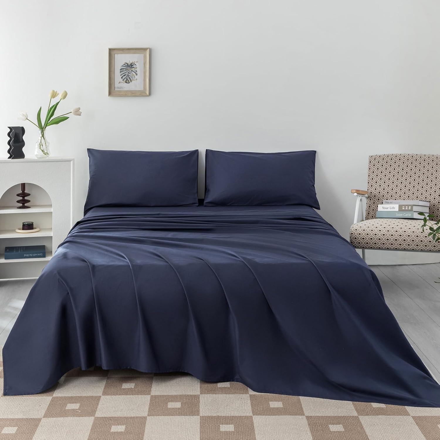 Levoo 100% Cotton Sheets Cal King Size Set 18"-24" Extra Deep Pocket Cal King Sheets Set Soft Breathable 4Pcs Bed Sheets with 1 Flat Sheet, 1 Fitted Sheet, 2 Pillowcases (Cal King, Navy Blue)