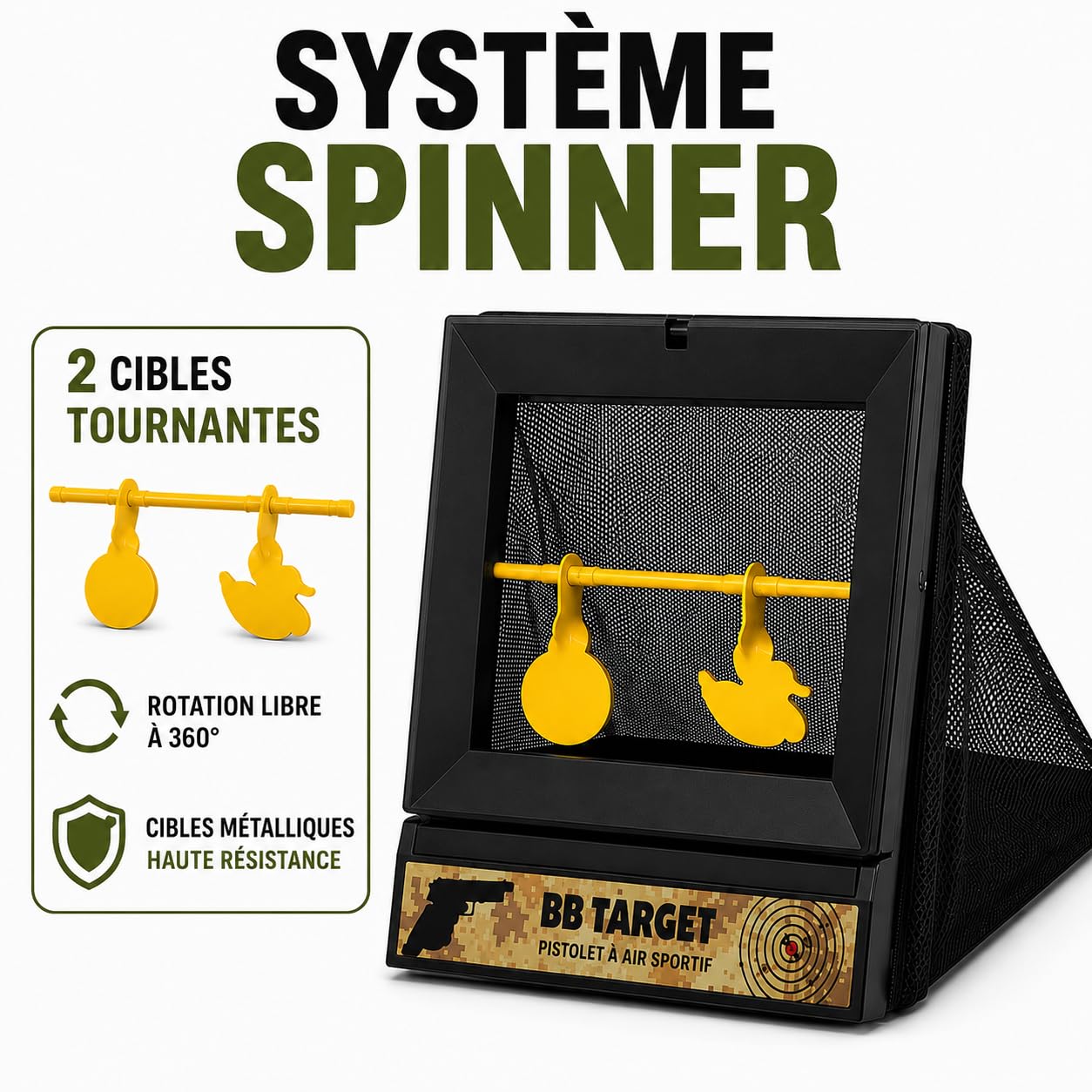 Lot de cibles Airsoft avec filet de capture de billes - 2 modes : score et rotation - Inclut 100 cibles supplémentaires de 17x17 cm