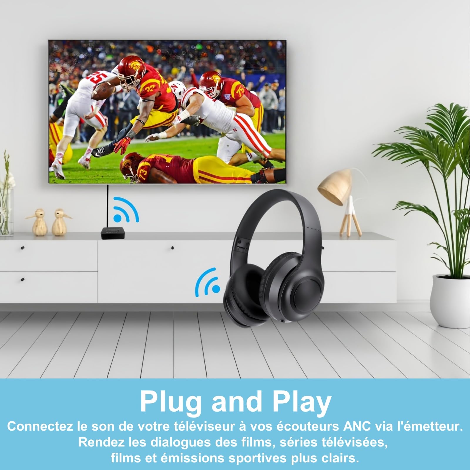 Casque Audio TV sans Fil ANC - Pliable pour Voyage - Émetteur Bluetooth & Sorties Audio (Optique/Coaxial/RCA/AUX 3.5mm/USB) - pour Séniors & Toutes TVs/Box TV