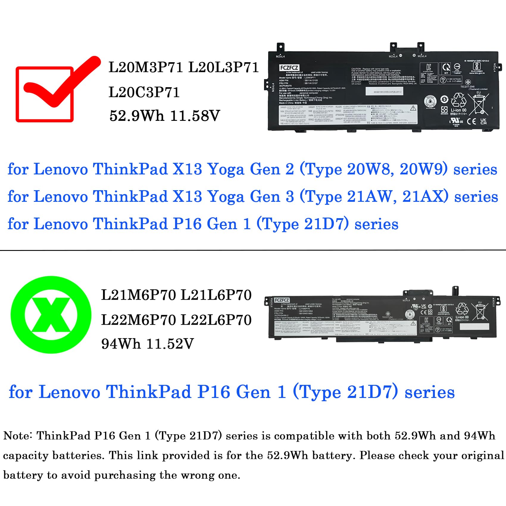 Amazon.com: FCZFCZ L20M3P71 Battery 52.9Wh Replacement for Lenovo