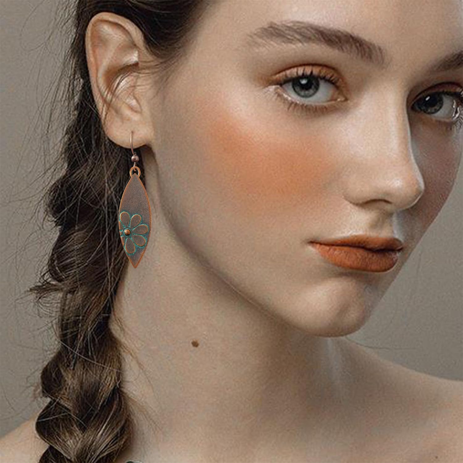 Boho Vintage Copper Sunflower Teardrop Leaf Dangle Drop Earrings Bohemian Trendy Ethnic Geometry Hook Earrings for Women - Image 2