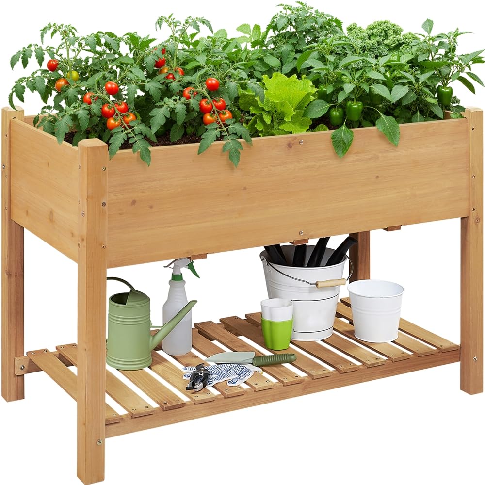 Yaheetech Fioriera/Aiuola Rialzata Orto Balcone Alta da Esterno in Legno Lettino per Piante Giardino con Ripiano Mensola 119 x 57 x 80 cm Portata 100 kg