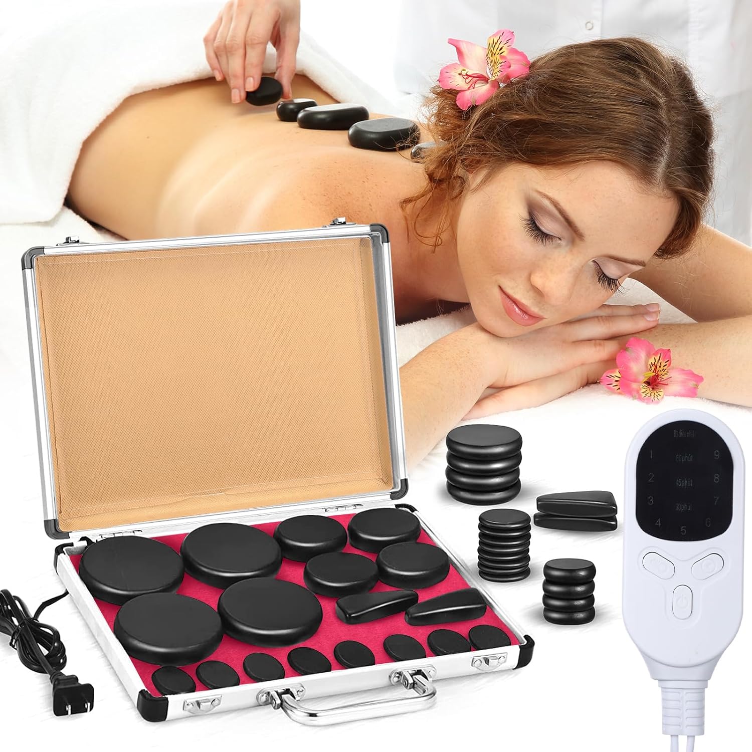 Hot Stones Massage Set 18 Pieces Basalt Hot Rocks Massage Rocks Kit Black Smooth Stones for Professional Home Spa Warming Relaxing Pain Relief, Constant 50°c (122°f)(Adjustable Temperature Wood Box)