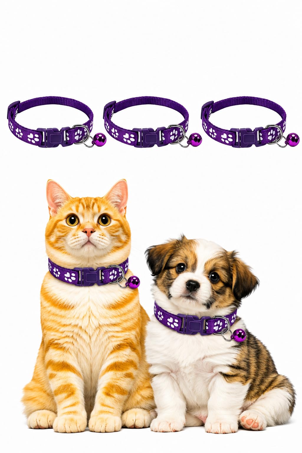 Cat Collar 3 Pack with Bell, Adjustable Nylon, Paw Print Design, Multiple Colours, for Cats and Small Dogs (Purple)
