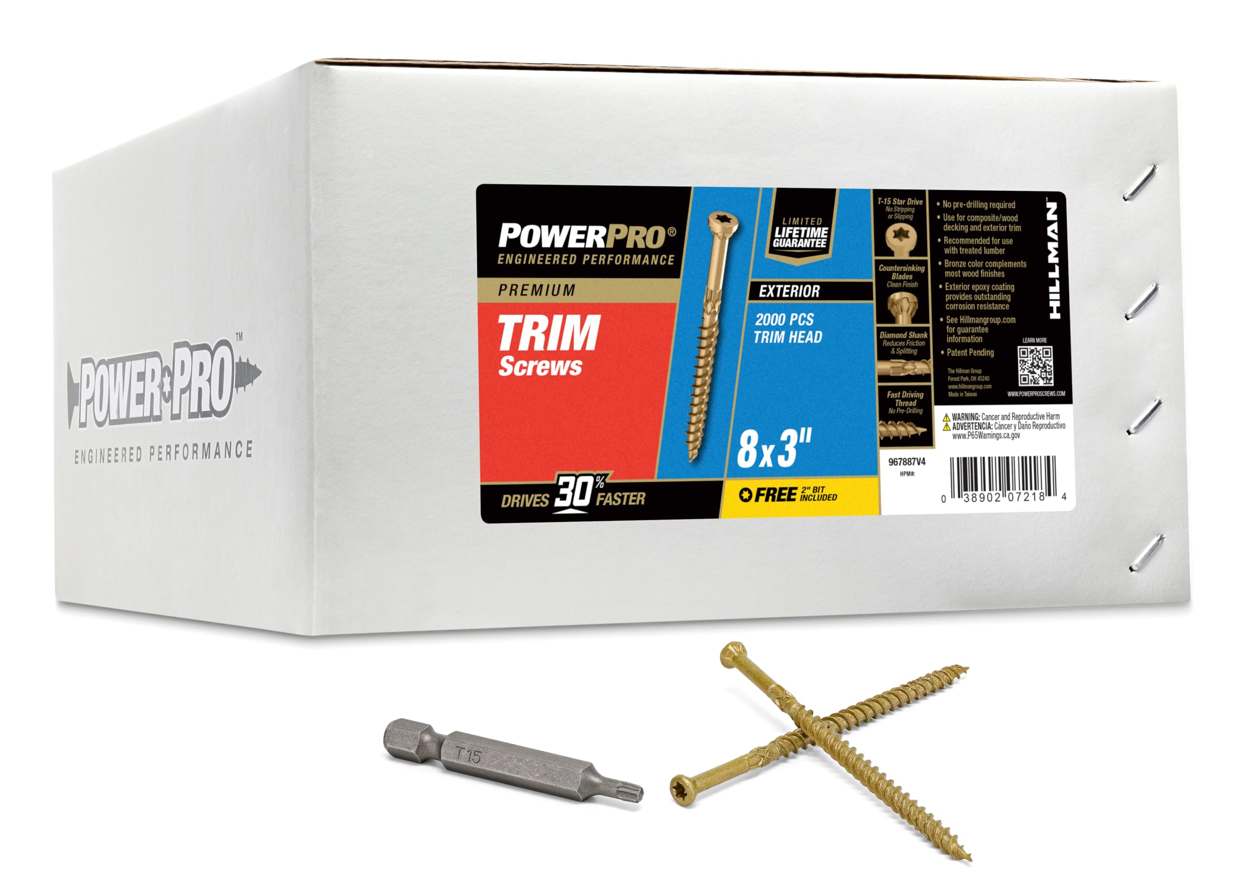 Power Pro 967887 Trim Vidaları, 20,32 x 7,62 cm, Çok Amaçlı Ahşap, Güverte, Kompozit ve Dış Trim Vidaları, Pasa Dayanıklı, Bronz, 2000 adet Kutu