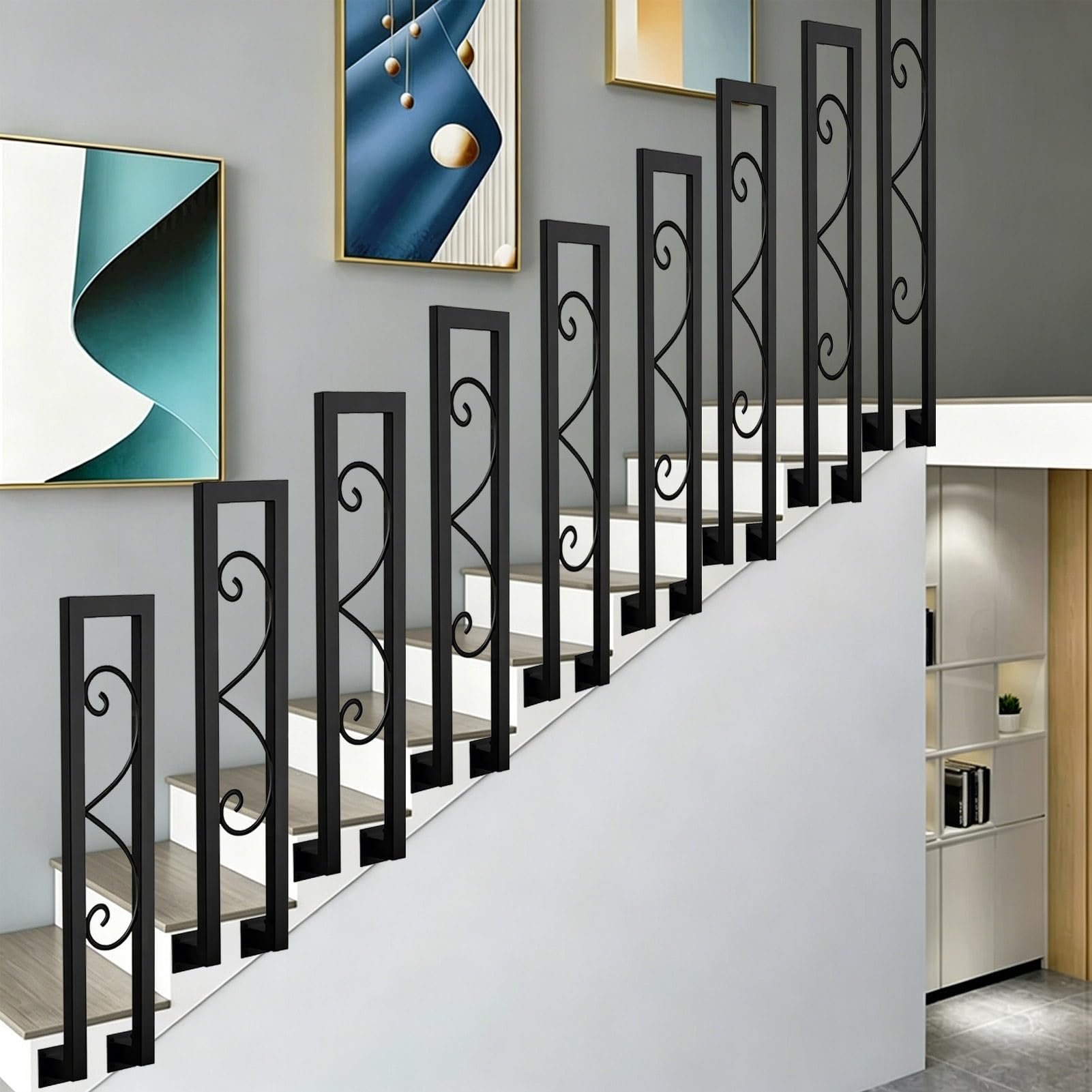Outdoor Stair Railing U-Shaped Hand Rail for Indoor Steps | Metal Wrought Iron Bannister Guardrail Non-Slip Industrial Safety Stairway Grab Rail, Black(95cm(2.1ft))