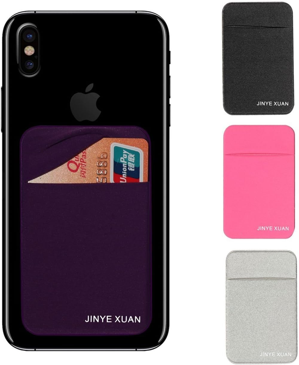 JINYEXUAN 4 pcs Adhesive Phone Wallet, Elastic Fabric Cell Phone Card Holder for All Smartphones & Cases(Black, Purple, Pink, Gray)