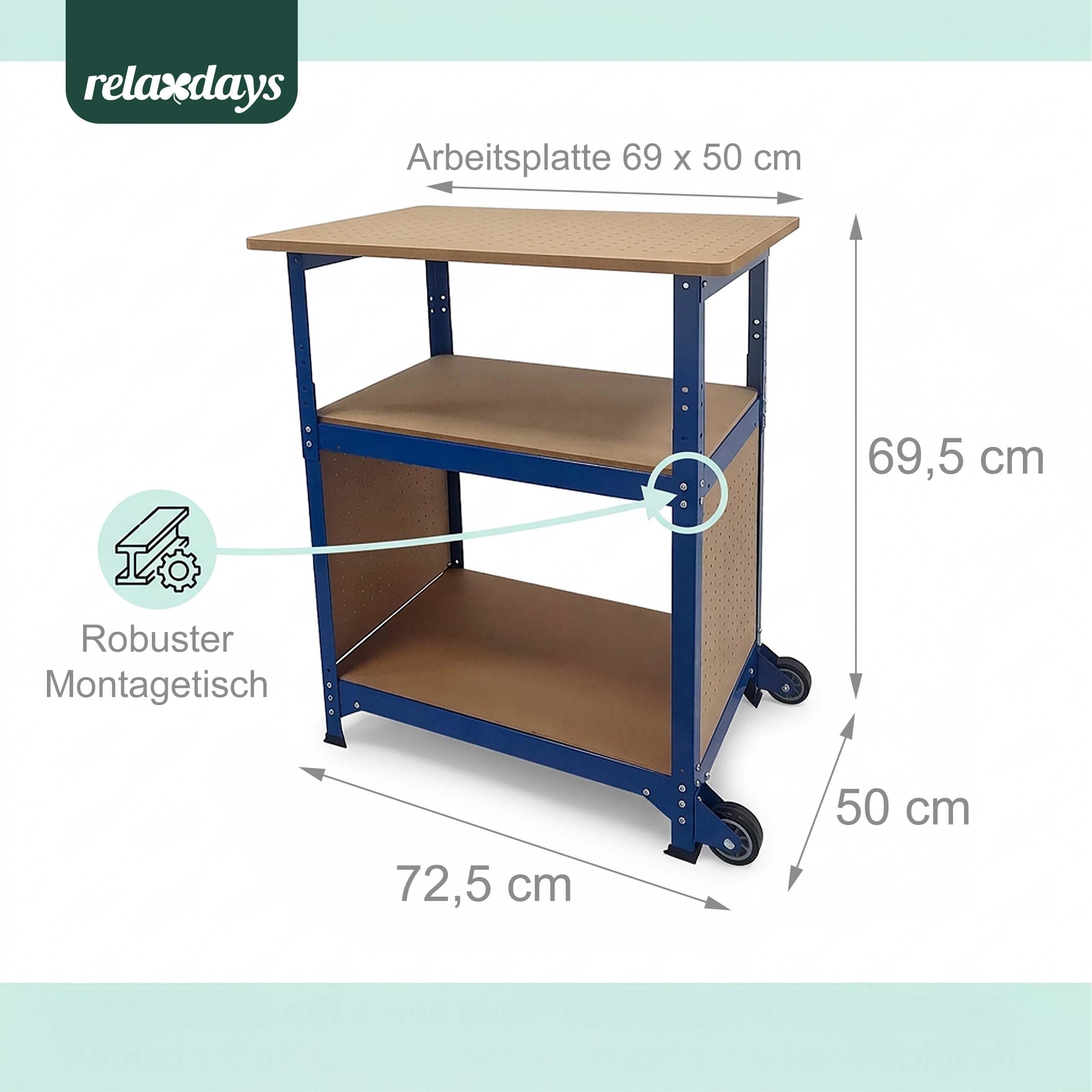 Relaxdays Werkbank, mit Rollen, HBT: 69,5x72,5x50 cm, höhenverstellbar, Werktisch mit Lochwand, Stahl & MDF, blau