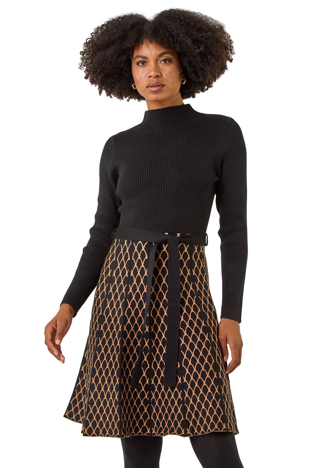 Roman Women's Camel Contrast Skirt Knit Jacquard Dress In | : Size 14