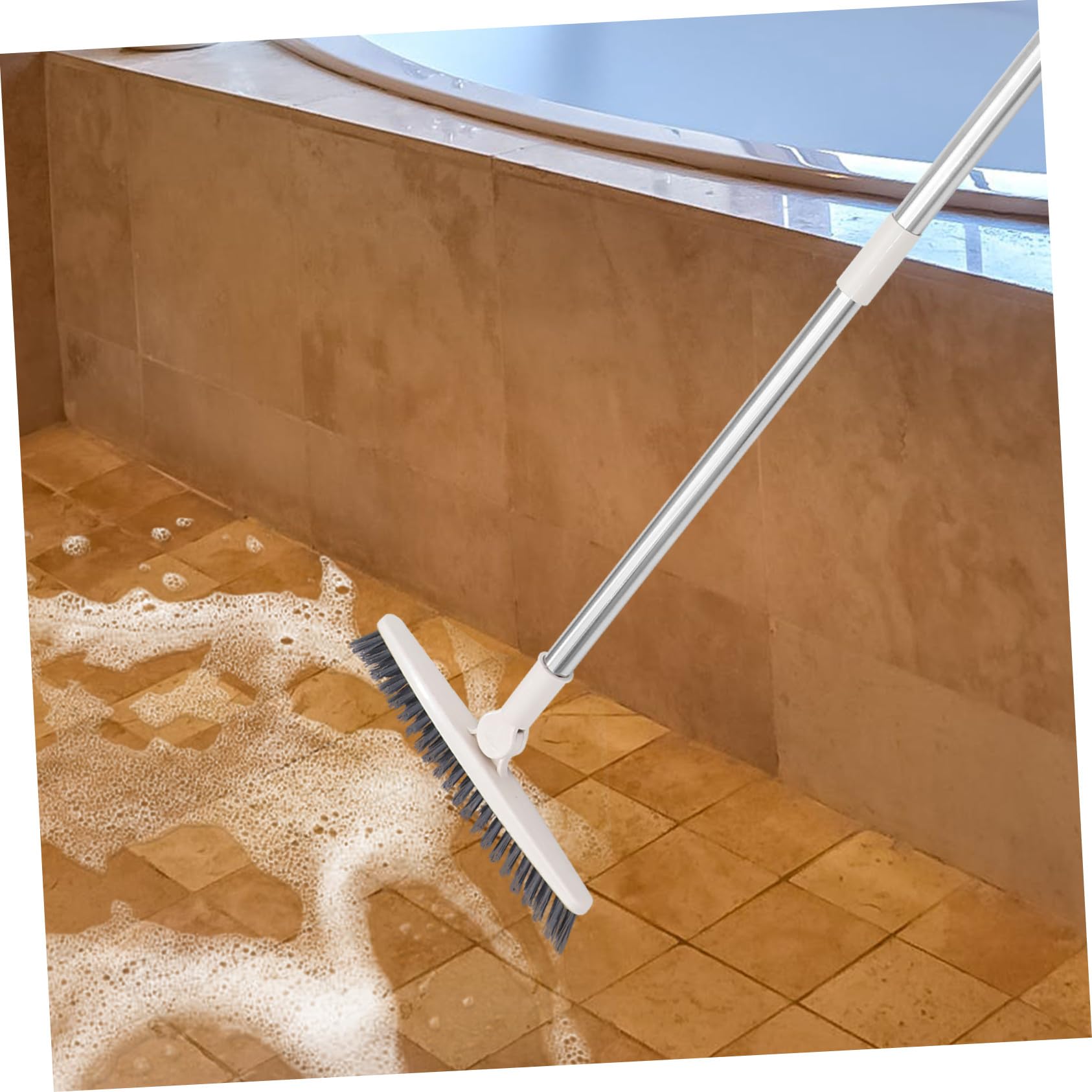 Cepillo para Limpieza Giratoria Fregar y Largo Mango Cabeza para Pisos Multifuncional Herramienta de Plástico y Acero Inoxidable en Ducha y Jardines