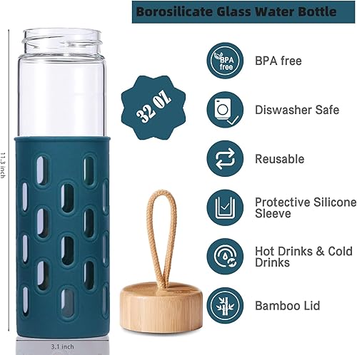 Miniatura 3 de Botellas de agua de vidrio de 32 onzas de borosilicato natural de boca ancha reutilizable con funda de silicona, lindas botellas de agua para