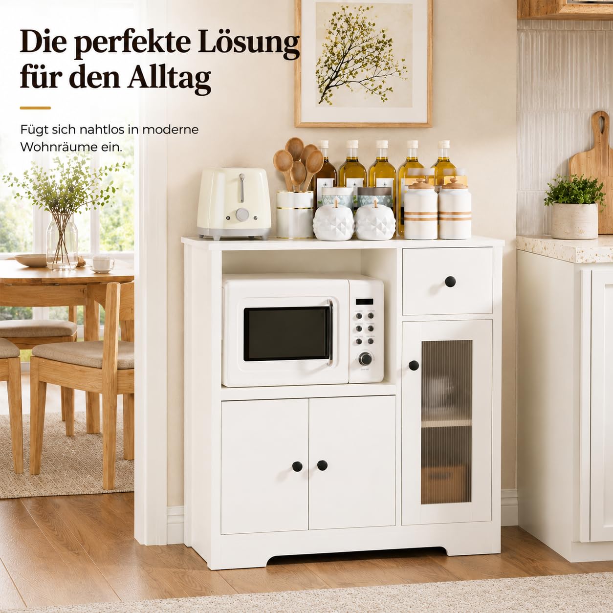 Yorbay Weiß Küchenschrank mit Arbeitsplatte und Mikrowellenregal: Sideboard mit 1 Schublade und 3 Türen für Küche - Mehrzweckschrank mit Kippschutz für Esszimmer Wohnzimmer