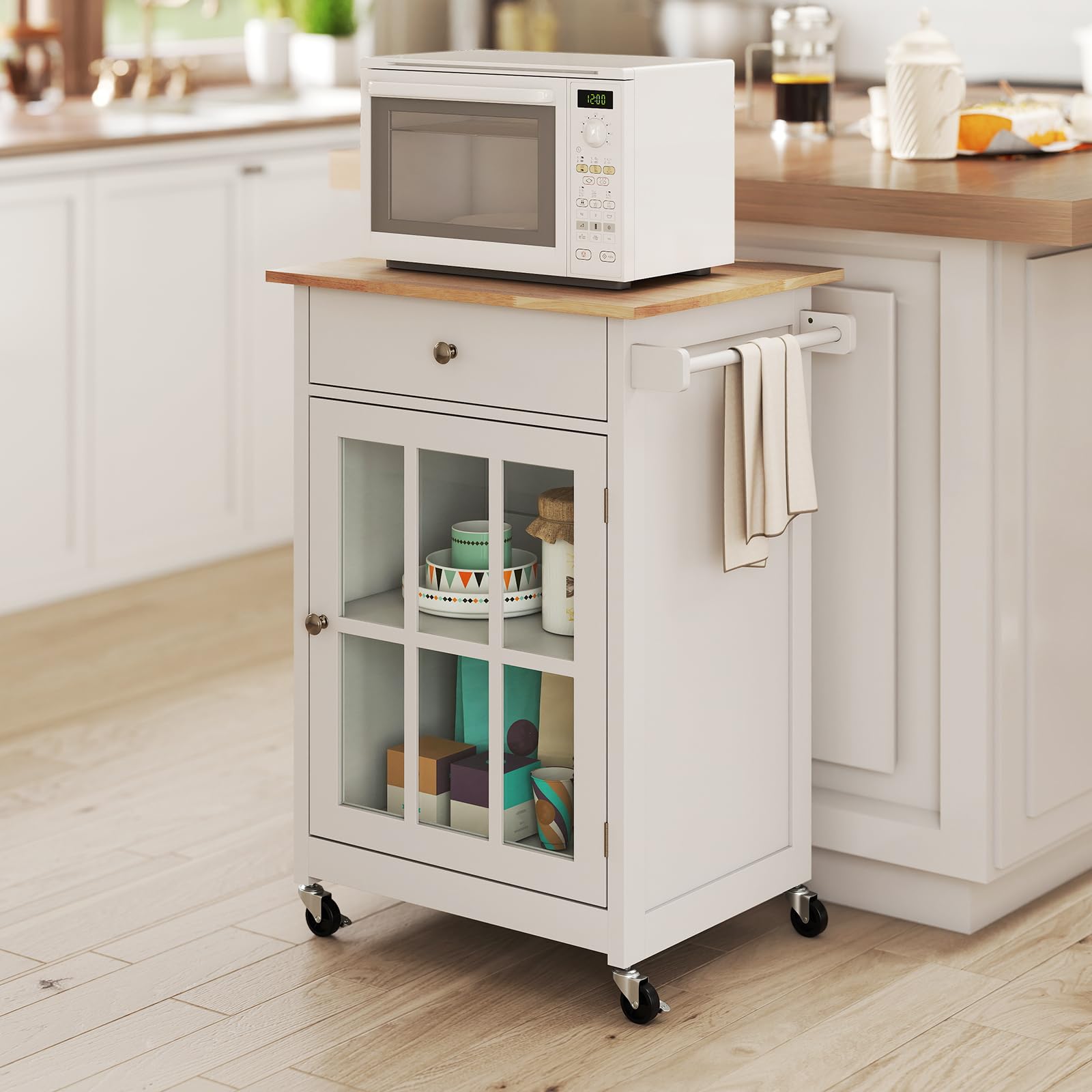 KOMFOTTEU Carrello da cucina con ruote, carrello di servizio con cassetto, porta in vetro temperato, portasciugamani in legno di gomma, tavolo da bar mobile con ripiano regolabile per soggiorno