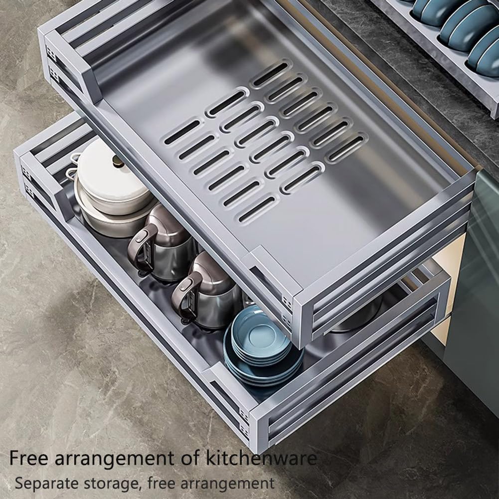 Mobile da cucina allungabile in acciaio inox, scolapiatti a 2 ripiani con vassoio antigoccia e meccanismo di chiusura ammortizzata, apertura cassetto/anta