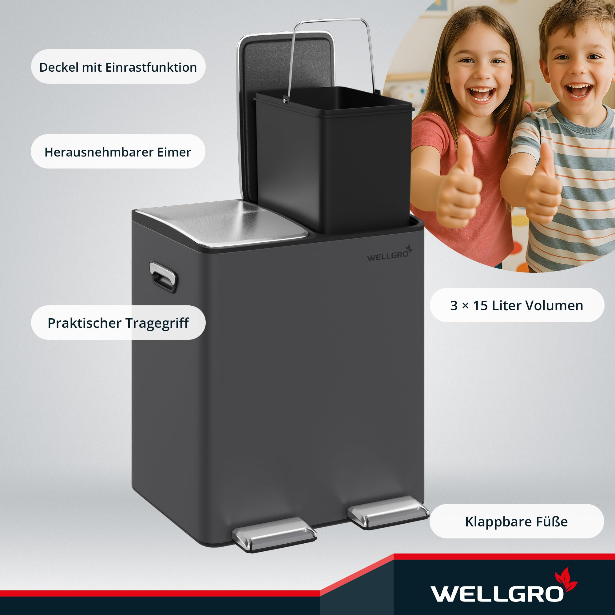 WELLGRO Mülleimer Küche 30 Liter – Edelstahl Treteimer 2x15 Liter grau mit Softclose-Deckel, Mülltrennsystem mit 2 Fächern und Kunststoff-Inneneimern