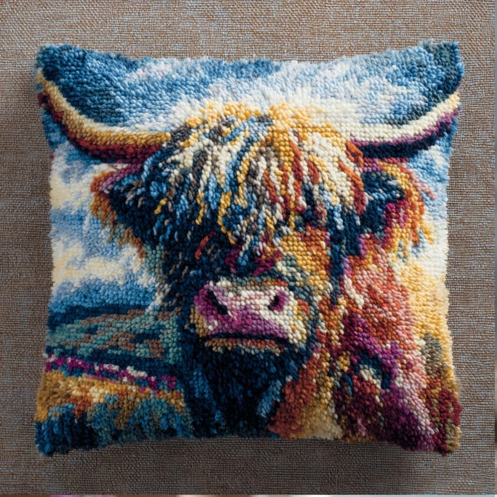 kitphoenix Latch Hook Kits for Adults Highland Cattle 43Cmx43Cm