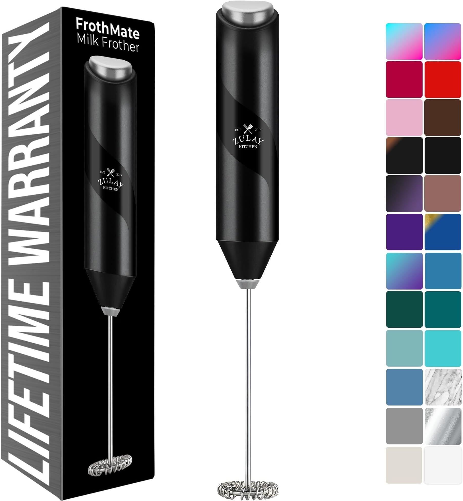 Zulay Kitchen Powerful Milk Frother Wand - Mini Milk Frother Handheld Stainless Steel - Battery Operated Drink Mixer for Coffee, Lattes, Cappuccino, Matcha - Froth Mate Milk Frother Gift - Black