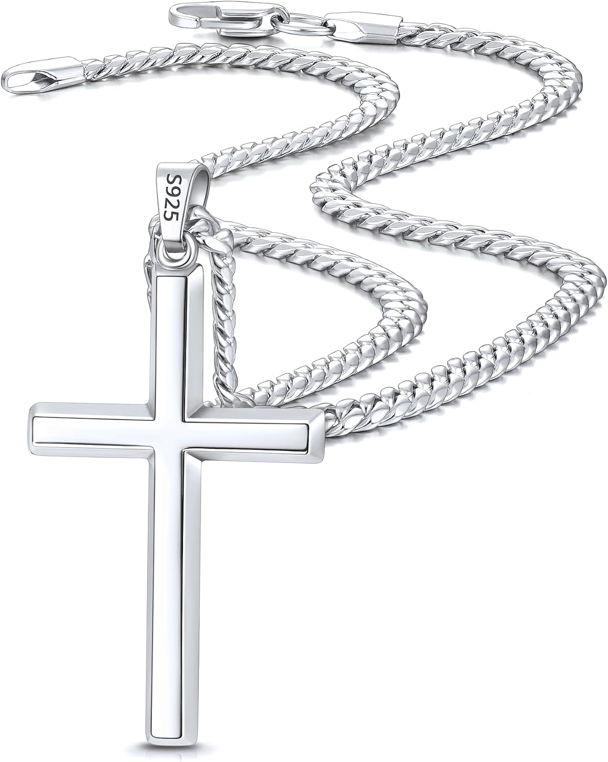 S925 Sterling Silver or 18k Plated Gold Cross Necklace for Men Women, Mens Cross Pendant with Top Craftsmanship 4mm Stainless Steel Cuban Chain Necklace 16-26 Inches