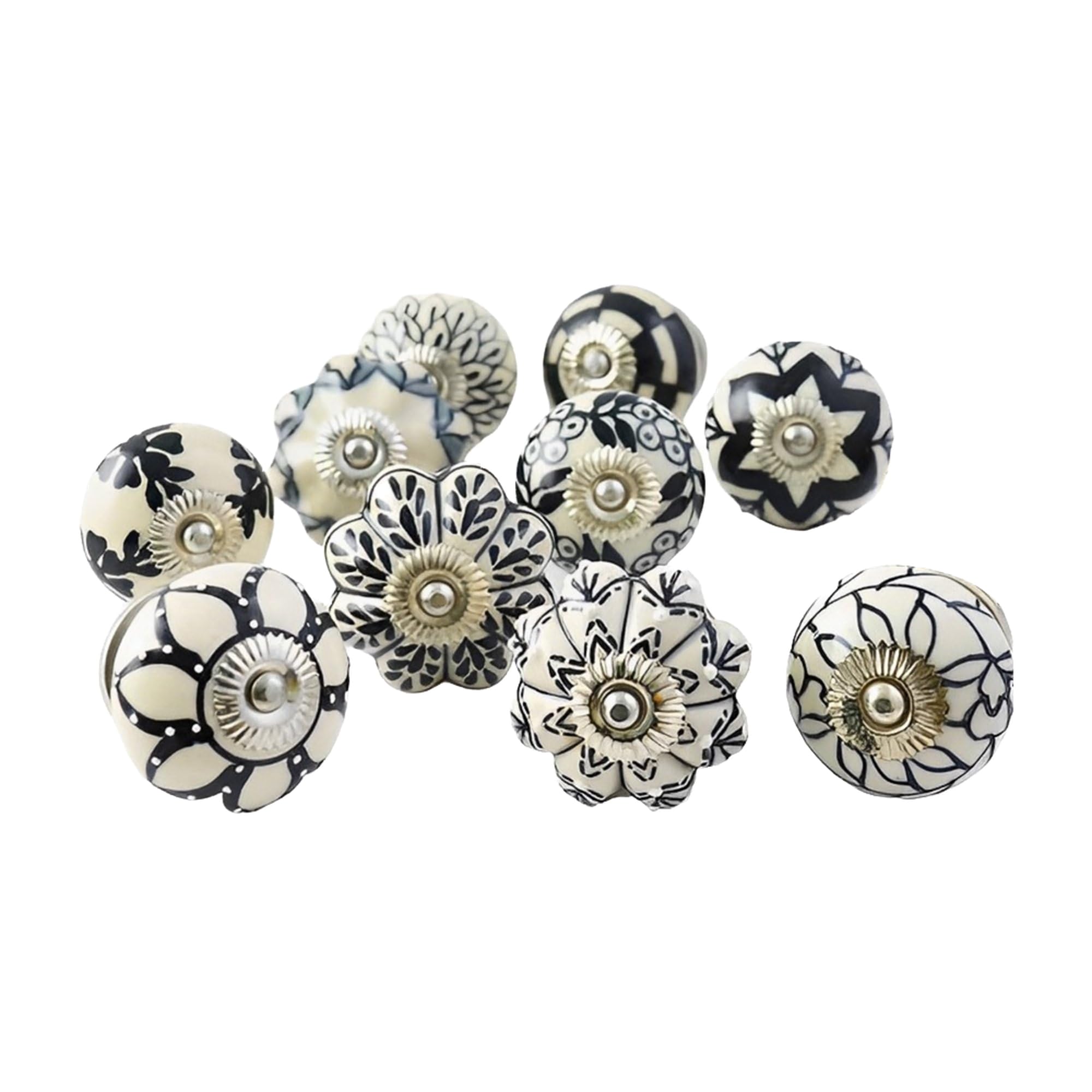 Ajuny Set Da 10 Pomelli In Ceramica Bianco E Nero – Dipinti A Mano, Zucca E Rotondi – Maniglie Decorative Per Mobili Di Cucina E Bagno, Ante E Cassetti – Stile Vintage, Viti Incluse-image