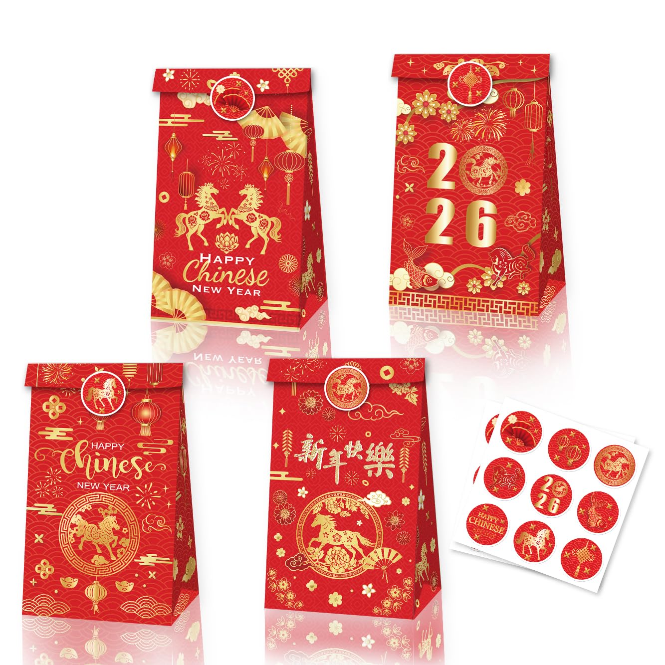 12 Packs Chinese New Year Party Paper Bags, 22x16x8 cm Gift Bags with stickers for Kids or Adults in Birthday party, Weddings, Events or Shopping (Chinese red)