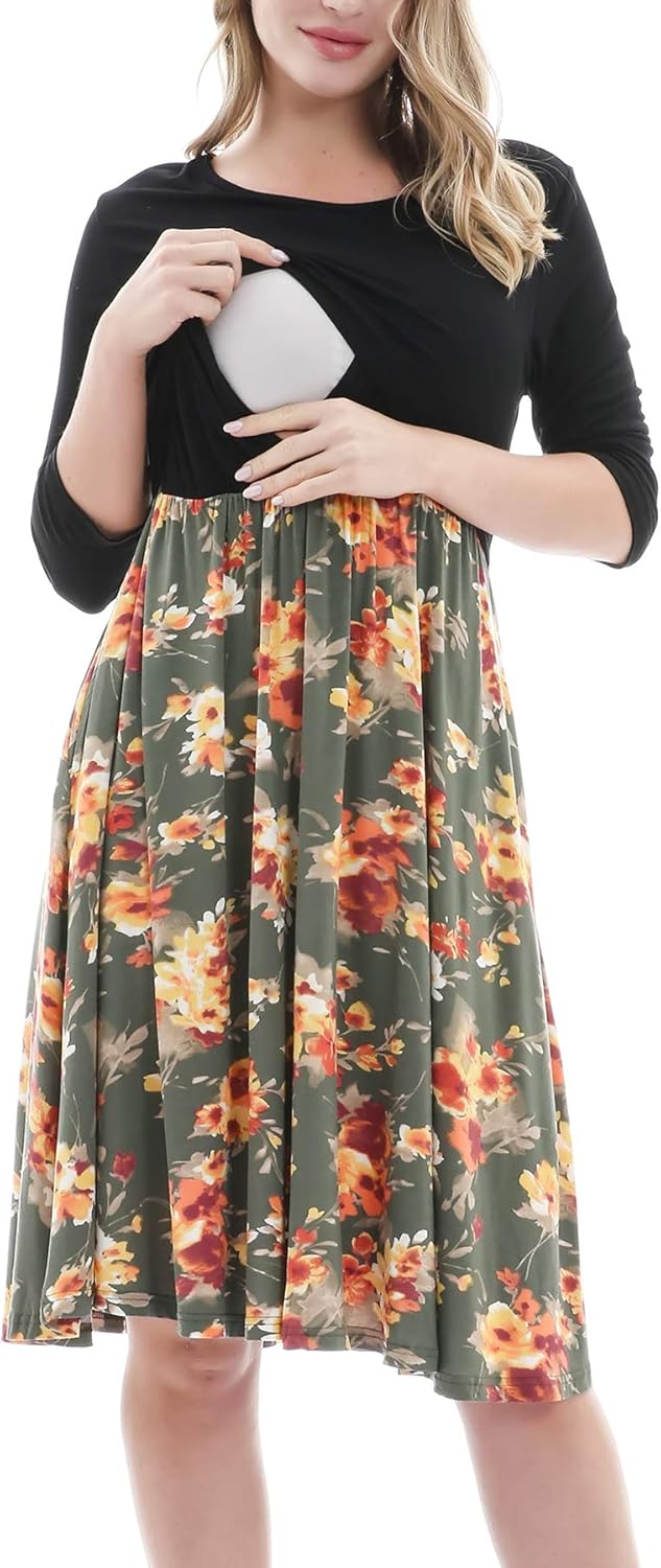 Smallshow Women's 3/4 Sleeve Nursing Dress Maternity Breastfeeding Clothes at  Women’s Clothing store