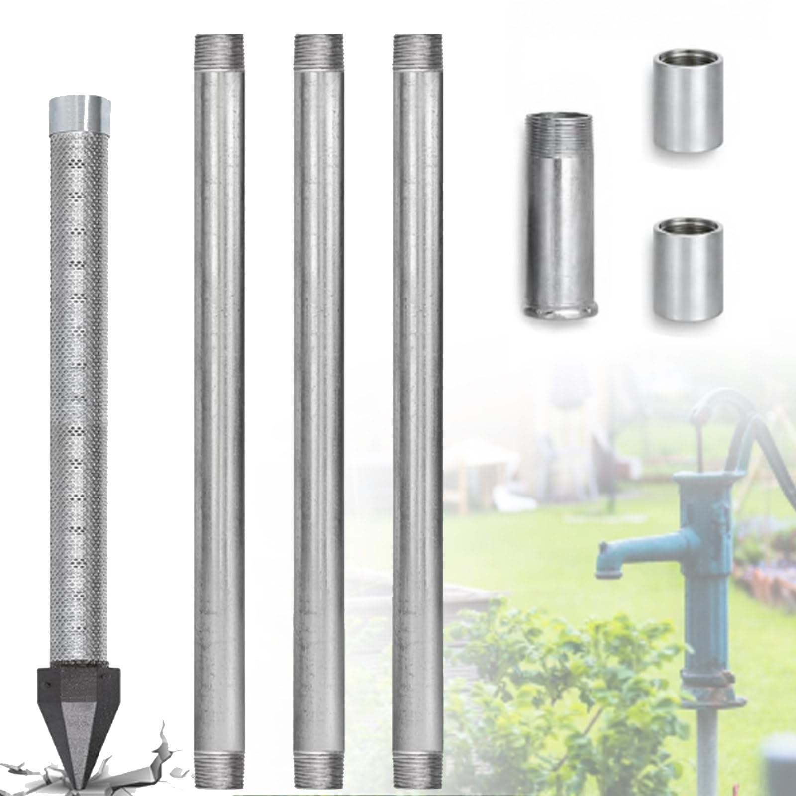 ZyKnaurral 1-1/4 Inch Sand Point Well Kit, Water Well Drilling Kit with Drive Point, 60 Gauze Mesh, Galvanized Extension Pipes and Drive Cap, Cost-Effective DIY Water Source 4M-NoWaterPump
