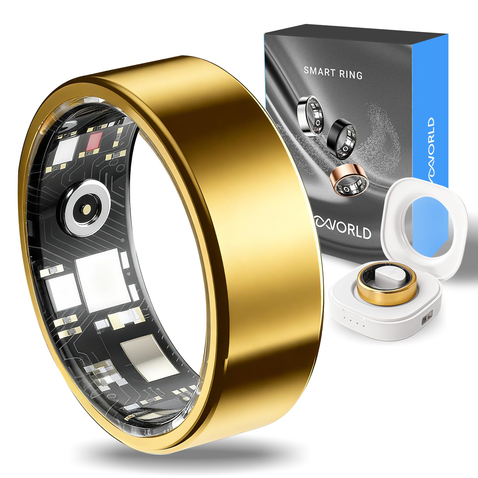 Mworld Smart Ring for Stress &amp; Emotional Tracking, Health Fitness Tracker with Heart Rate Monitor, Sleep Analysis, 10ATM Waterproof, for Men and Women - Steel Material (Gold, 8)