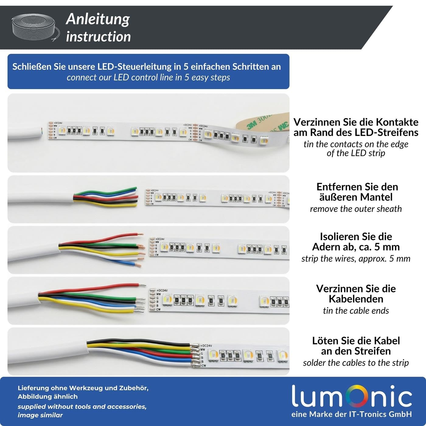 Lumonic 6x0,34mm² RGBW CCT LED Kabel sterujacy 20m | 6-zylowy elastyczny przewód w oslonie | LiYY Rozszerzenie, Kabel zasilajacy, Przewód zasilajacy LED, Kabel sterujacy