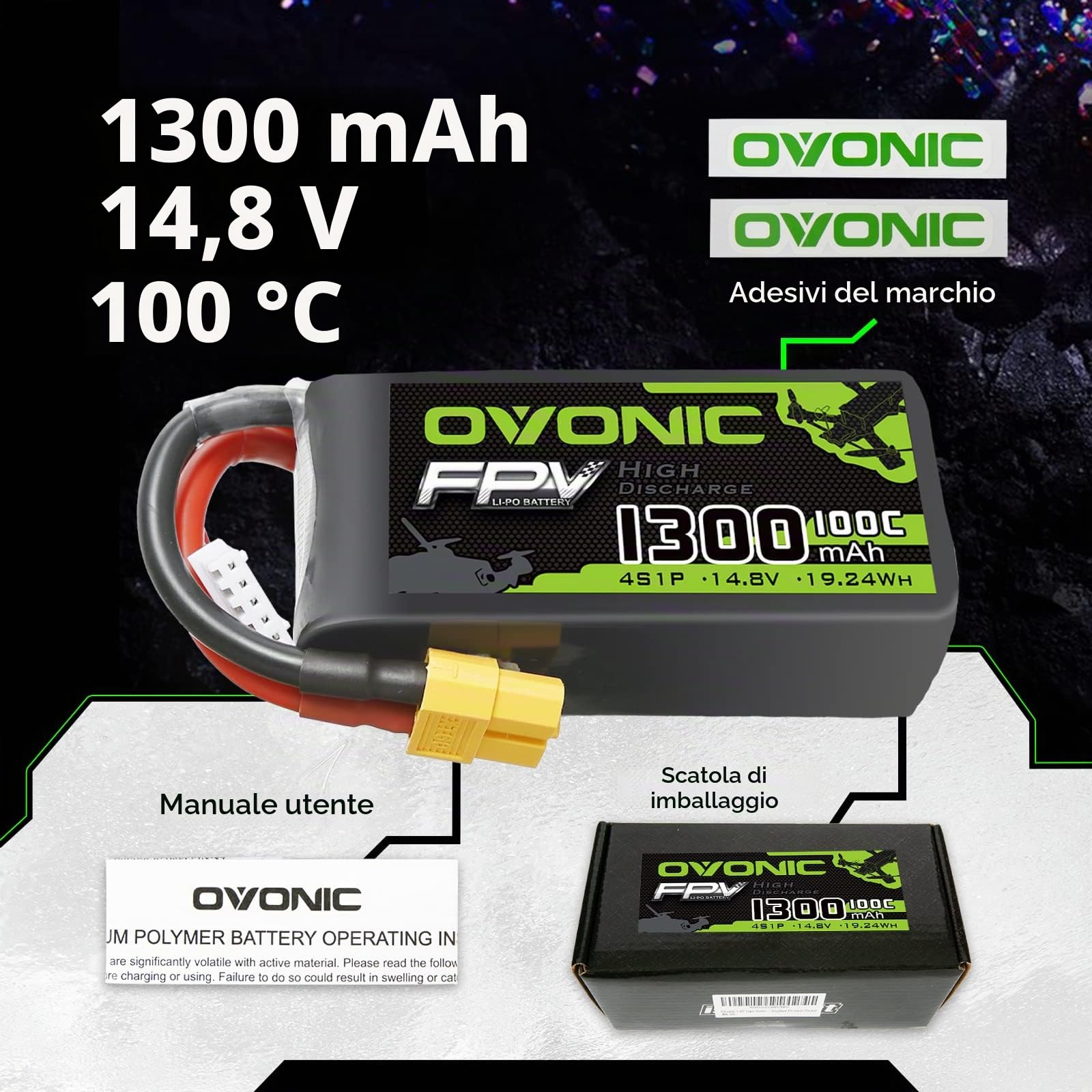 OVONIC Batteria Lipo 4s 14.8V 1300mAh 100C con connettore XT60 per FPV Racing RC Quadcopter Elicottero Aereo Multi-Motore Hobby Parti fai da te (2 confezioni)