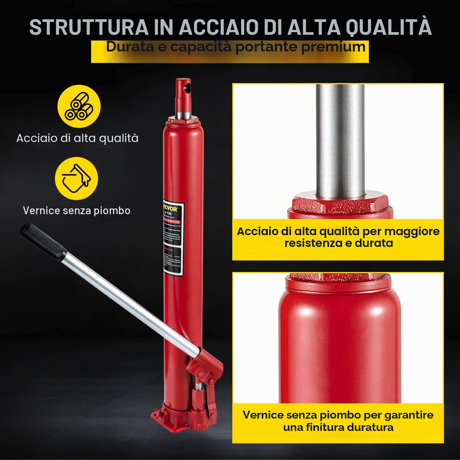 VEVOR Cric idraulico a pistone lungo, capacità 4 tonnellate, con pompa a pistone singolo e base piatta, raccoglitrice manuale di ciliegie con maniglia paranco di sollevamento motore