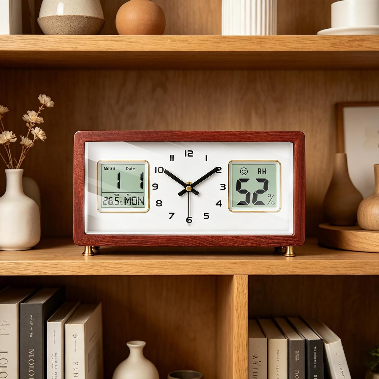 Non-Ticking Wooden Mantel Clock, Analog Digital Desk Clock with Temperature Humidity Date Day, 3-Level Dimmable Backlight, Battery Operated Shelf Clock for Living Room Office - White Dial