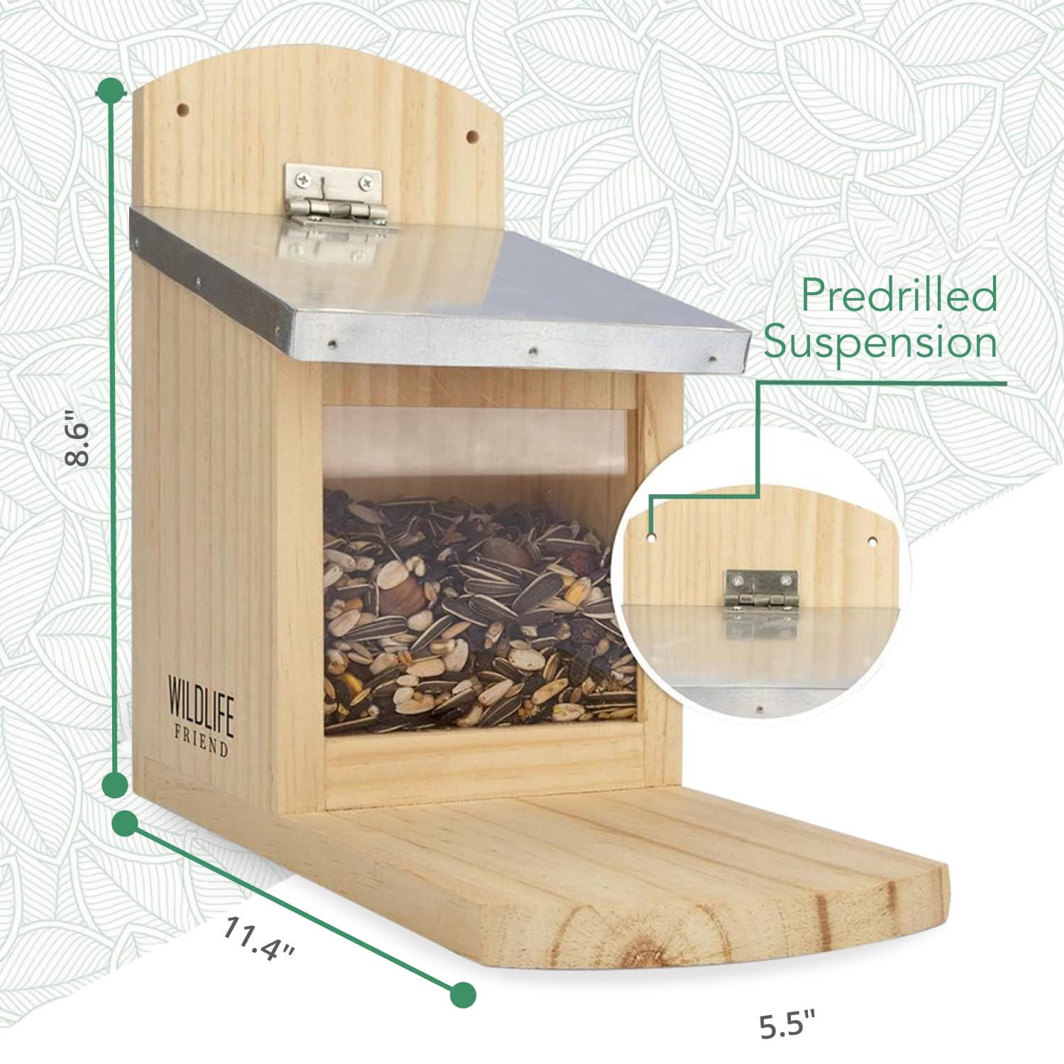 WILDLIFE FRIEND I Eichhörnchen Futterhaus Maxi | 14 x 29 x 26.5 cm aus Massivholz mit Metall-Dach - Wetterfest, Futterstation zum Eichhörnchen füttern, Eichhörnchenfutterhaus