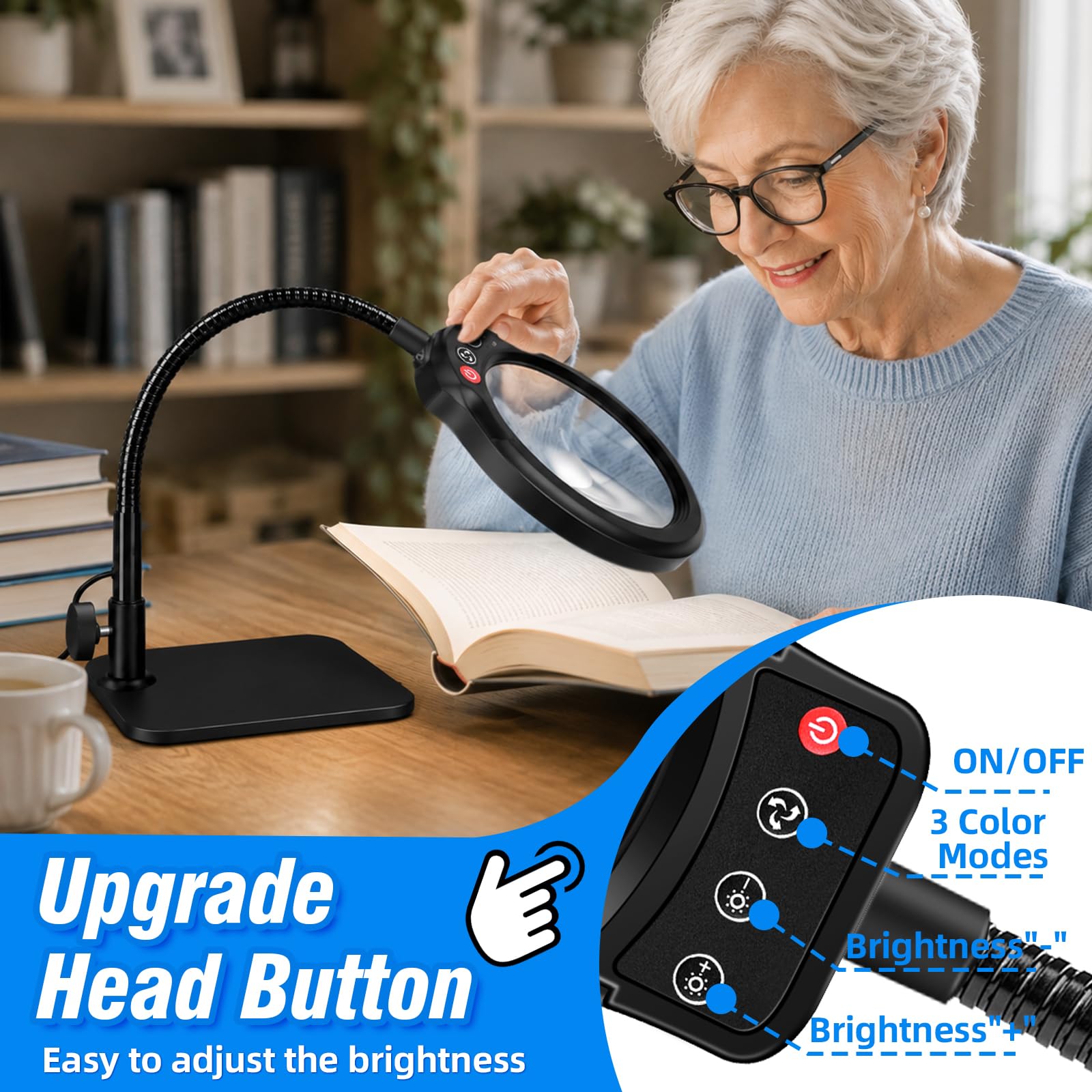 Grande loupe 30x 10x avec lumière et support, lampe de bureau à LED