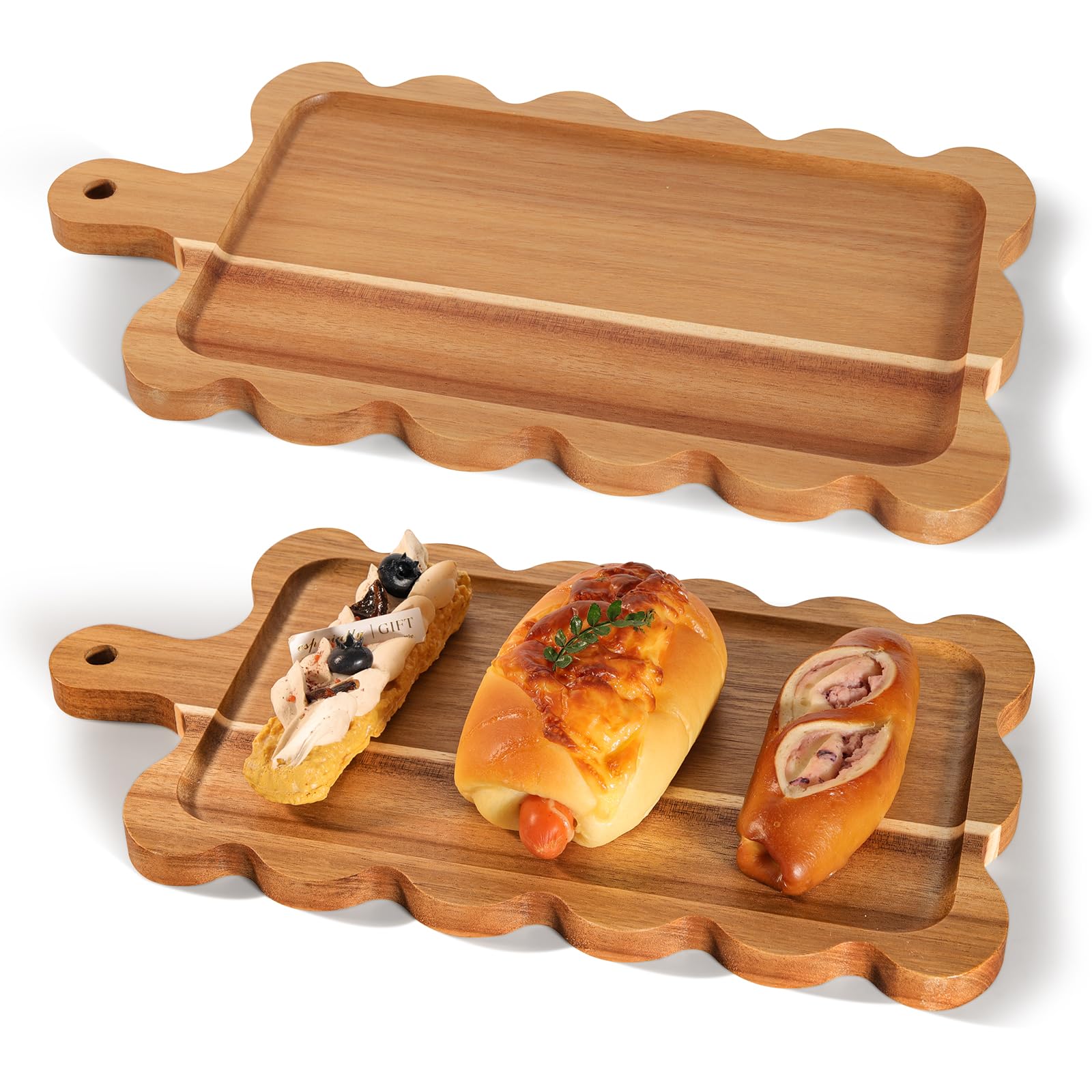 2-Pack Acacia Wood Serving Board with Handle 13.3x7.2inch Natural Charcuterie Board Cheese Board Floral Edge Platter for Breakfast Bread Fruit Vegetables Meat Wedding Gift