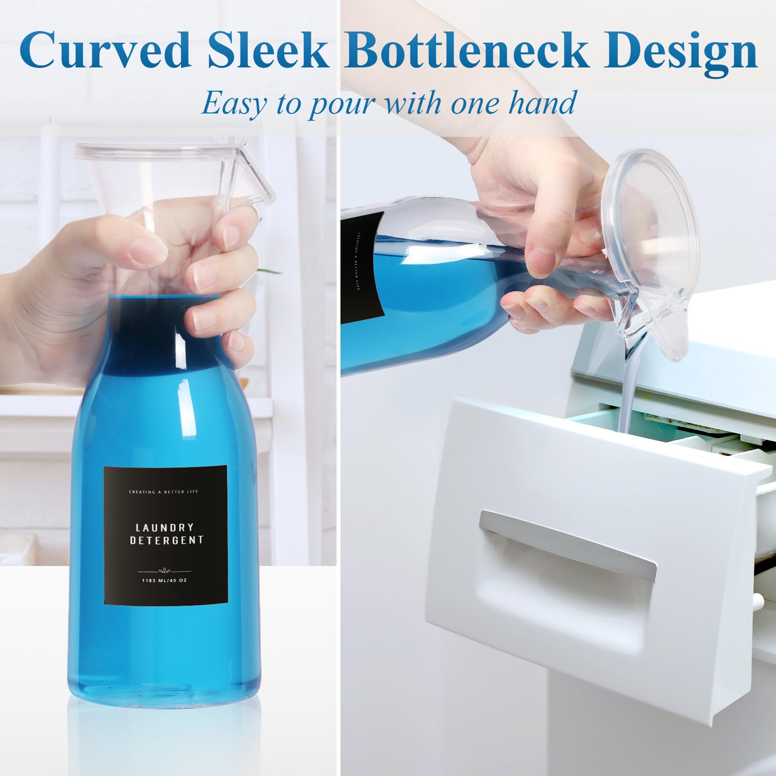 Botella dispensadora de detergente para ropa de 40 onzas con etiqueta impermeable para detergente de lavandería, jabón suavizante de tela, cuentas de refuerzo de aroma de blanqueador, botella