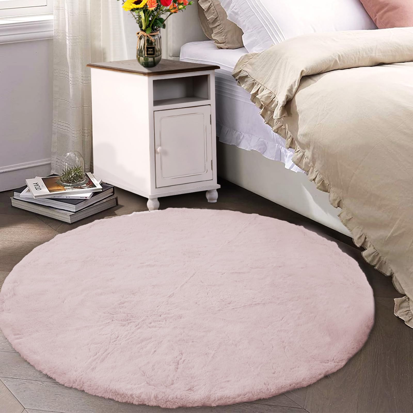Latepis Faux Rabbit Fur Dorm Rug Light Pink Round Rugs 5ft Fluffy Washable Non-Slip Rug for Living Room, Bedroom, Nursery and Playing Room