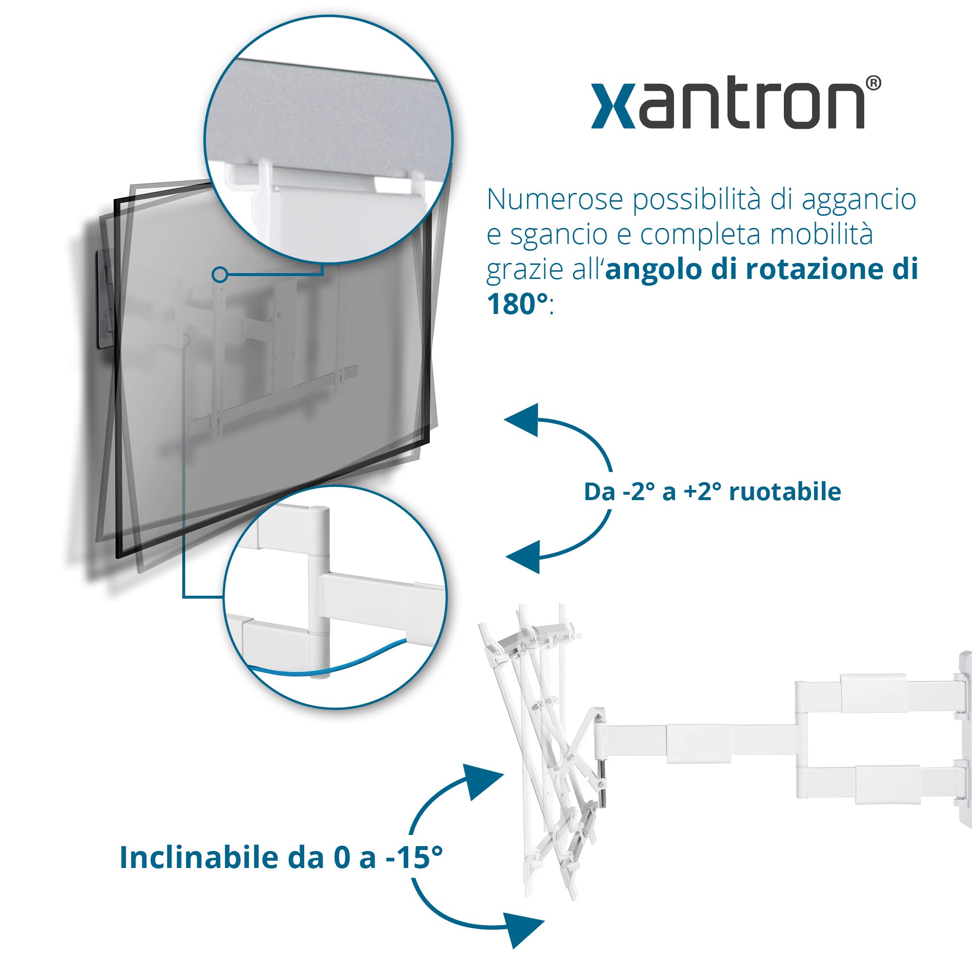 Xantron Supporto TV Parete Girevole Inclinabile 32-60 Pollici, Bianco