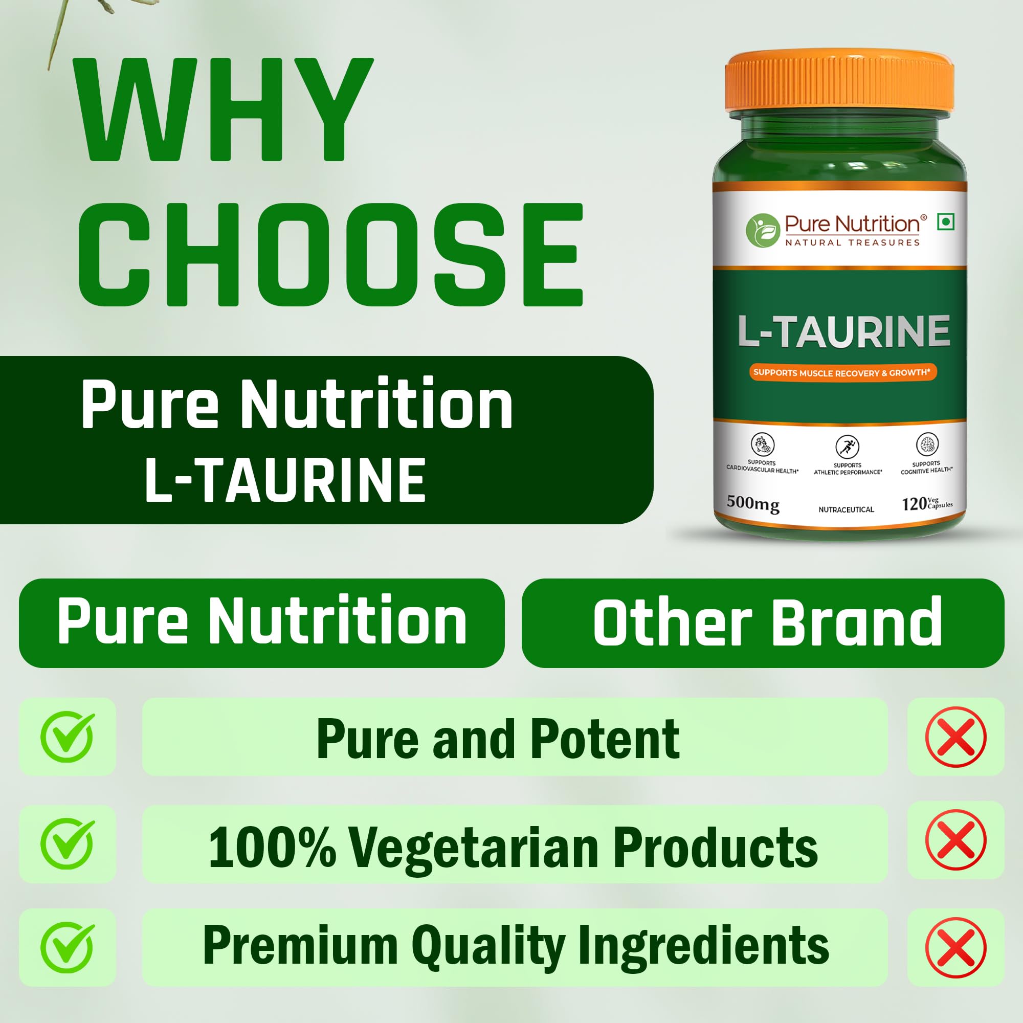 Pure Nutrition L-Taurine 500mg β 120 Veg Capsules | Amino Acid Supplement for Athletic Performance, Muscle Recovery, Cognitive & Heart Health 4