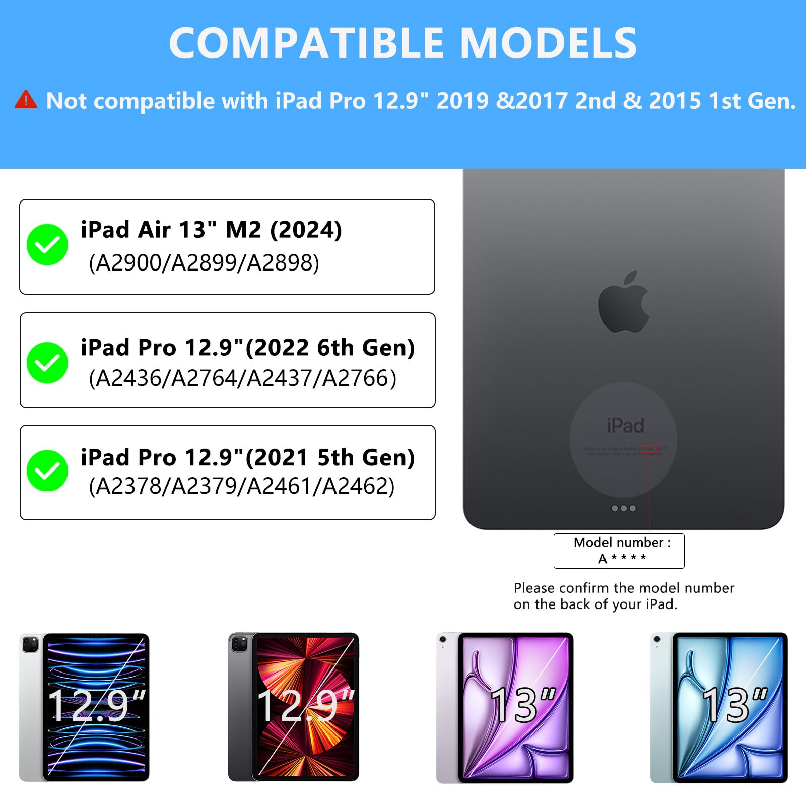 MMK for iPad Air 13 inch (M2) 2024 & for iPad Pro 12.9 Case with Keyboard, Keyboard case for iPad Pro 12.9 inch 6th 5th & iPad Air 13 inch, Backlit Bluetooth Wireless Keyboard with Pencil Holder,Blue