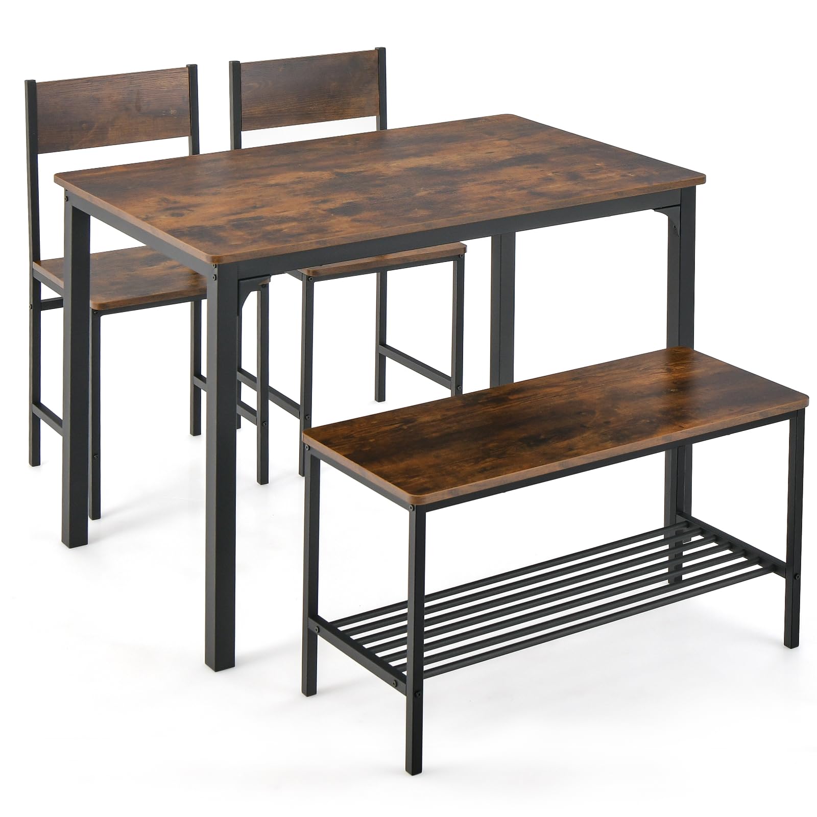 COSTWAY Ensemble Table et Chaise Salle a Manger pour 4 Personnes, 2 Chaises, Banc avec Étagère, Design Compacte Encastrable, Salle a Manger Complete pour Petite Espace, Cuisine, Salon(Marron)