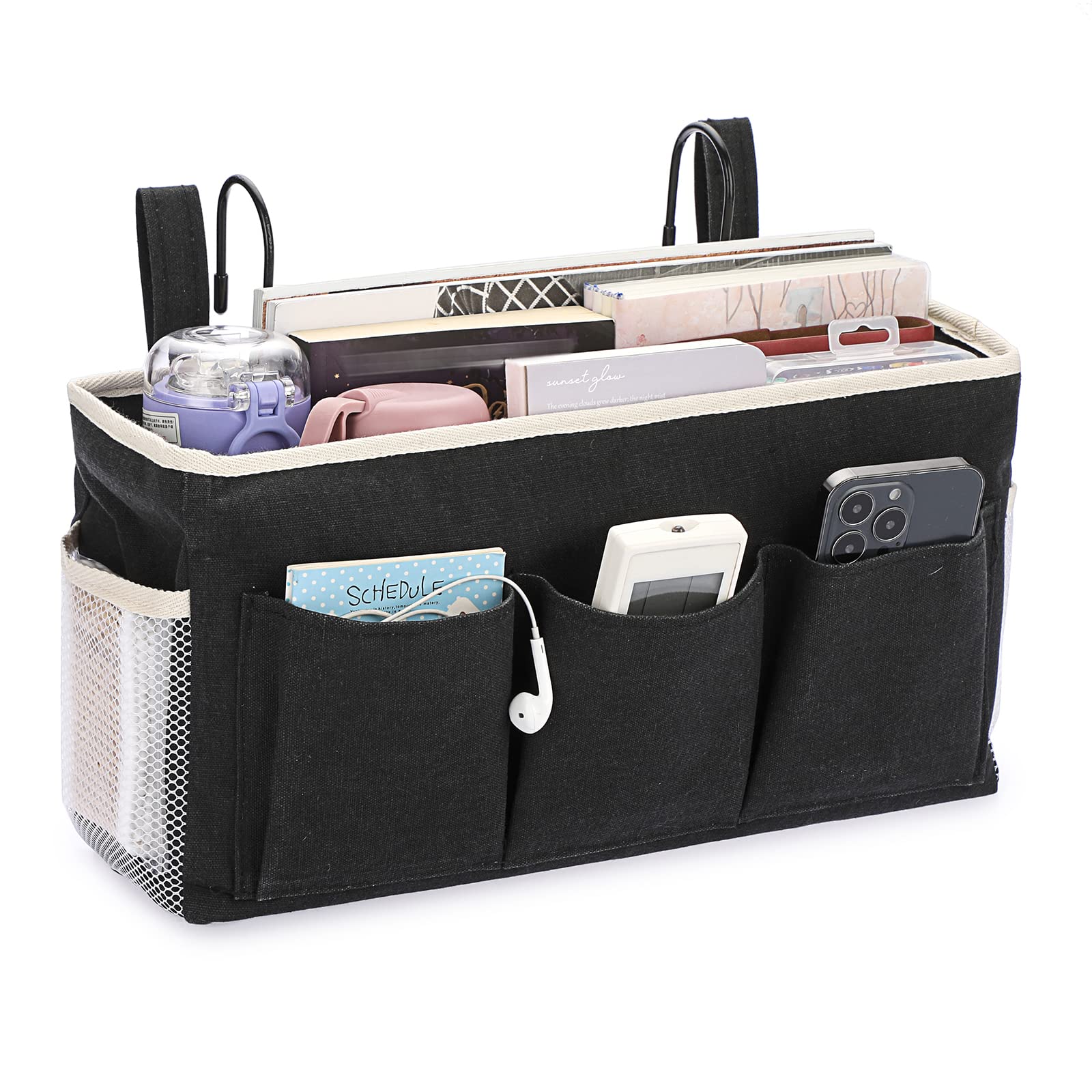 IGNPION Canvas Bedside Hanging Storage Pockets with Metal Hook Adjustable Tape Dormitory Bed Organiser Caddy Mulit-purpose Bag for Home Office School Hospital,Black (IGPUK0584)