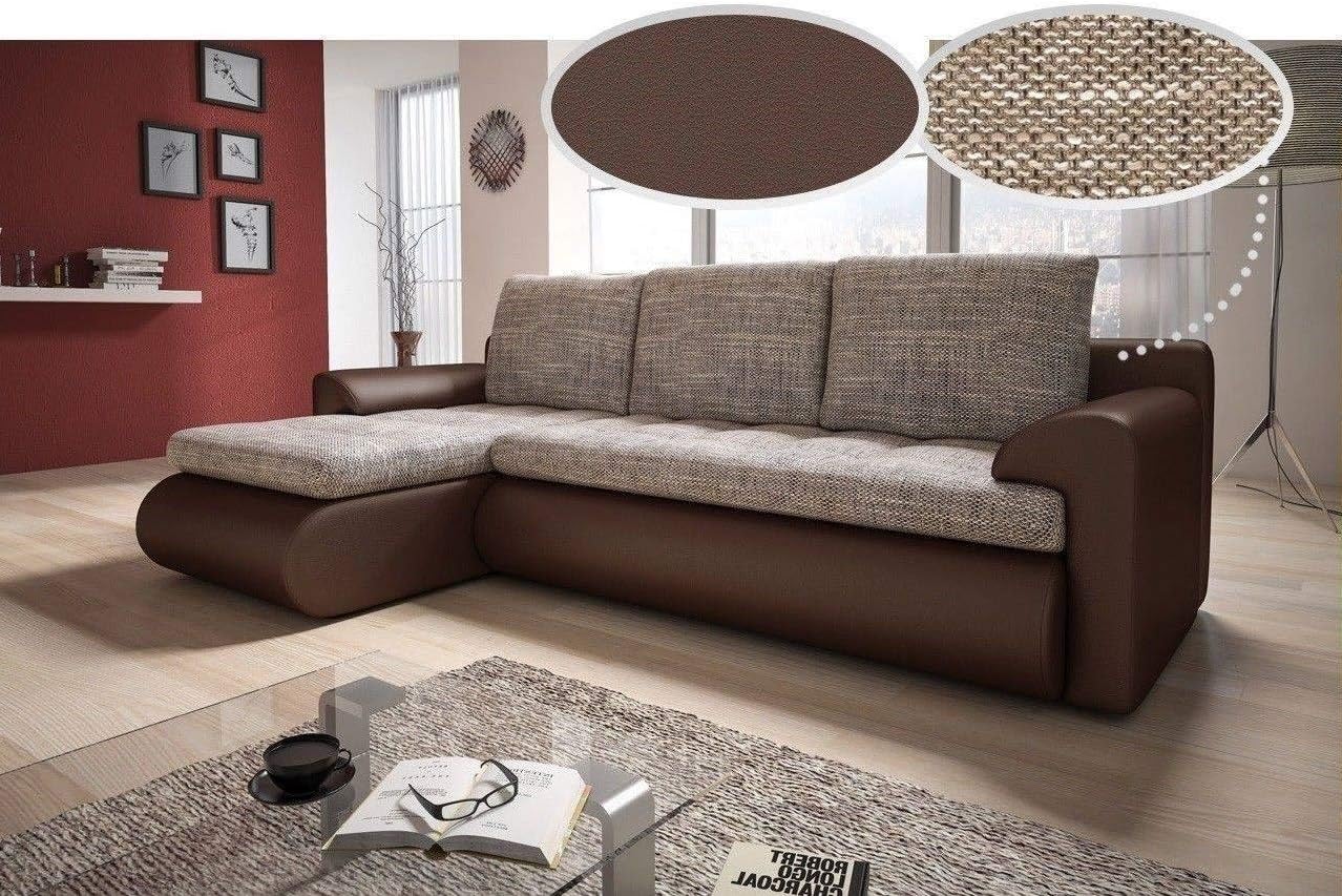 Gama Mobler Left Corner Sofa Bed Prada with Storage, Lawa Fabric & Eco Leather Material, 3 Seater, L-shape, Pull Out, Wooden Frame & Sprung Seat in Light Brown & Brown